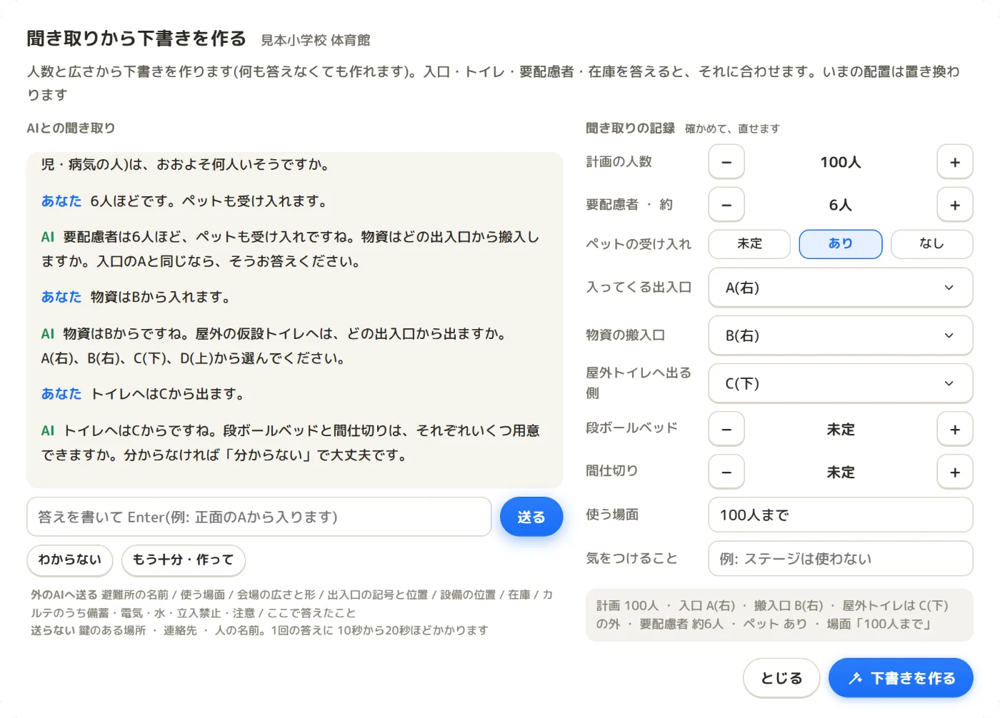 「聞き取りから下書きを作る」の画面。左に AI との聞き取りのやりとり、右に計画の人数 100 人、要配慮者 6 人、入ってくる出入口 A などの記録